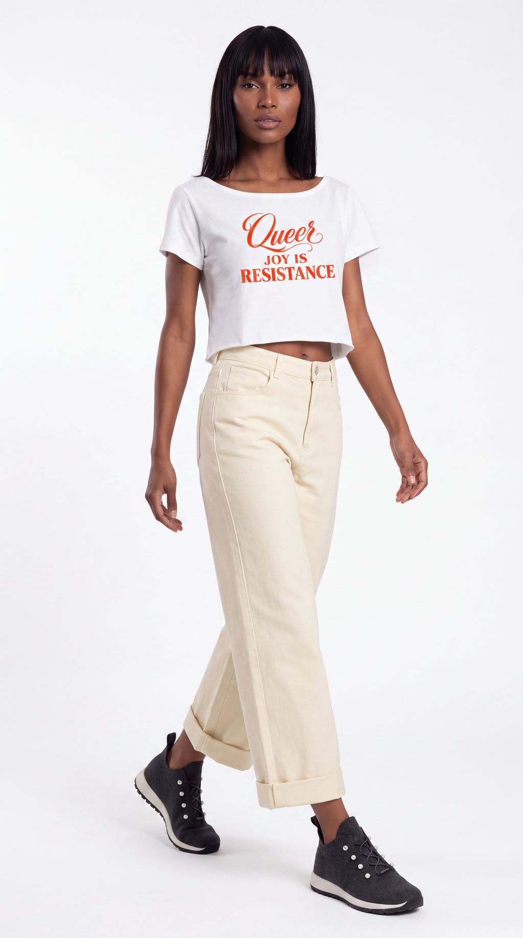 Off-Shoulder Rolled Hem 100% Cotton Crop Tee | QUEER JOY IS RESISTANCE Red Logo