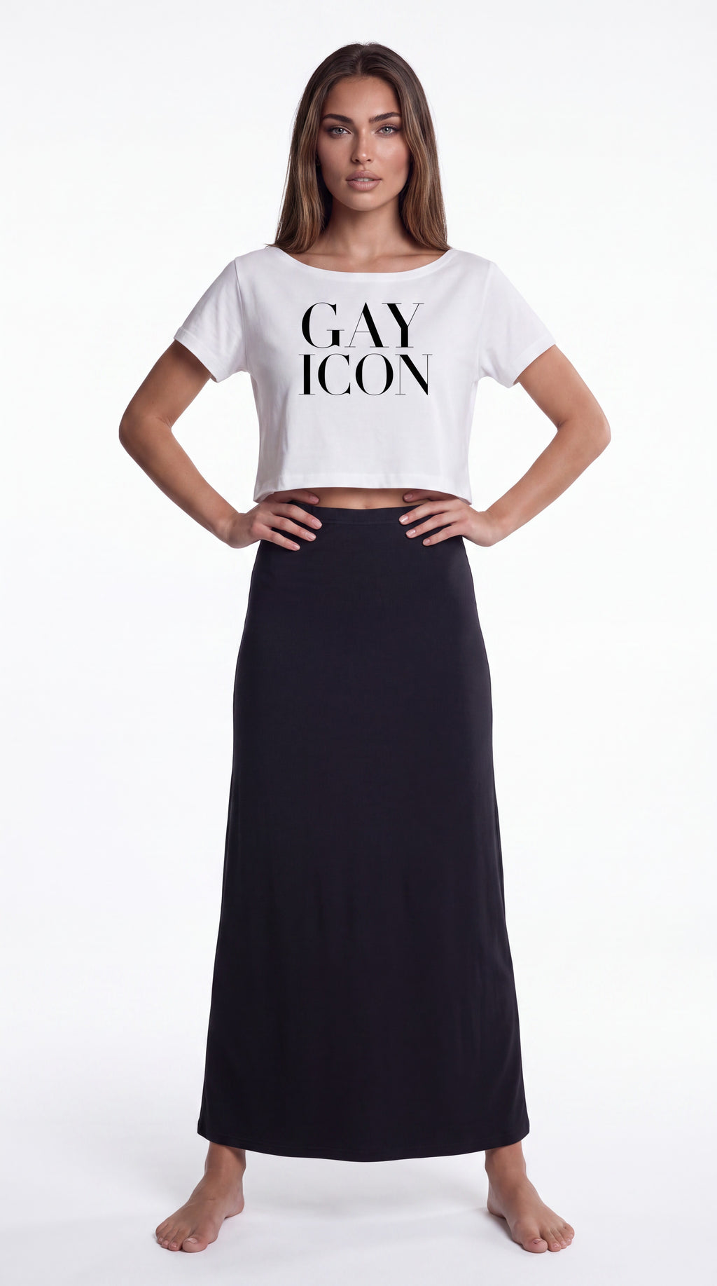 Off-Shoulder Rolled Hem 100 % Cotton Tee Black Logo