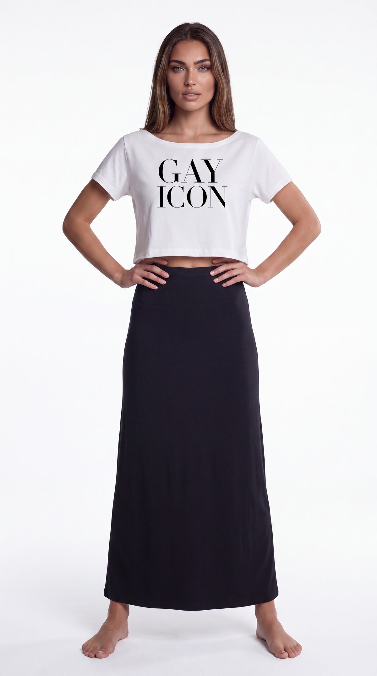 Off-Shoulder Rolled Hem 100 % Cotton Tee Black Logo