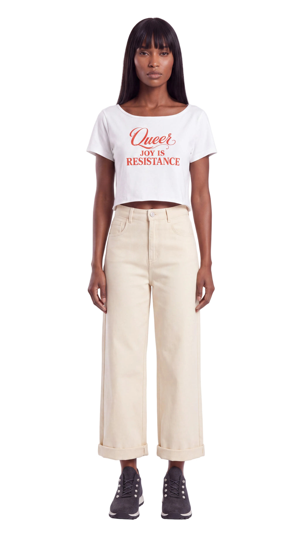 Off-Shoulder Rolled Hem 100% Cotton Crop Tee | QUEER JOY IS RESISTANCE Red Logo