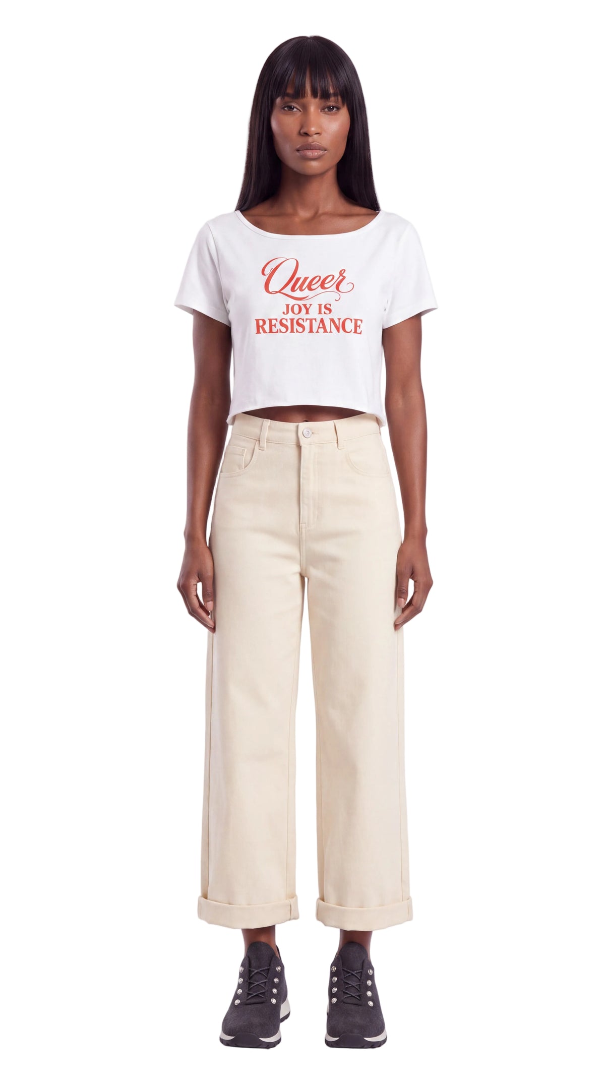 Off-Shoulder Rolled Hem 100% Cotton Crop Tee | QUEER JOY IS RESISTANCE Red Logo