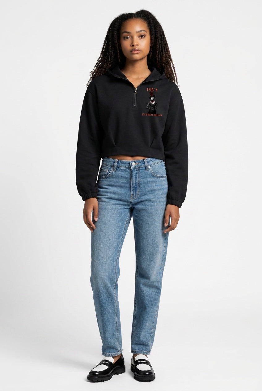Quarter-Zip Boxy Hoodie — DIVA IN PROGRESS | Noir Aesthetic Streetwear