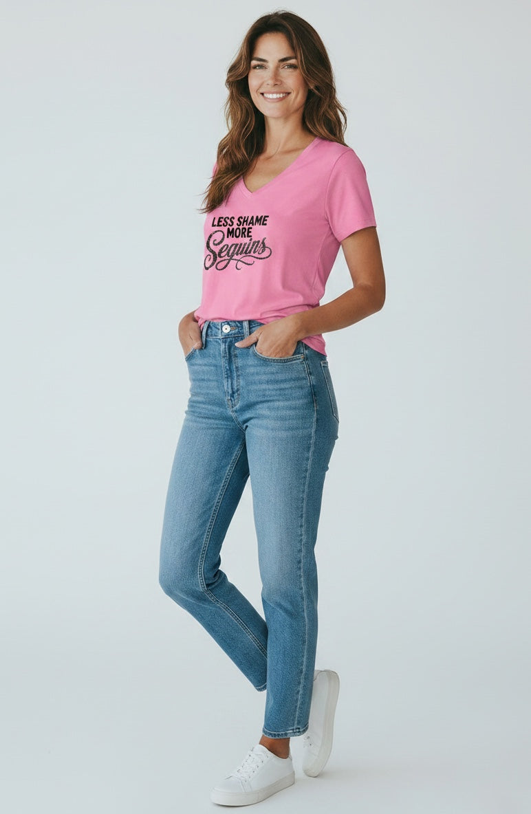 Women's V-Neck Tee | LESS SHAME MORE SEQUIN | CONVERSATION COLLECTION