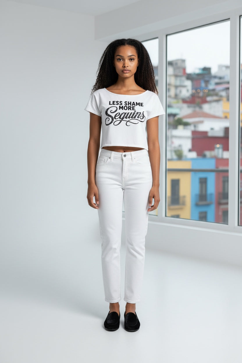 Off-Shoulder Rolled Hem Cotton T-Shirt |LESS SHAME MORE SEQUINS | CONVERSATION COLLECTION