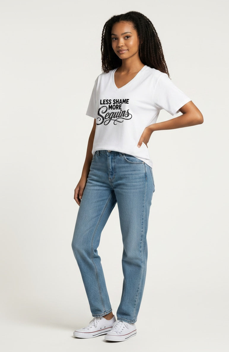 Women's V-Neck Tee | LESS SHAME MORE SEQUIN | CONVERSATION COLLECTION