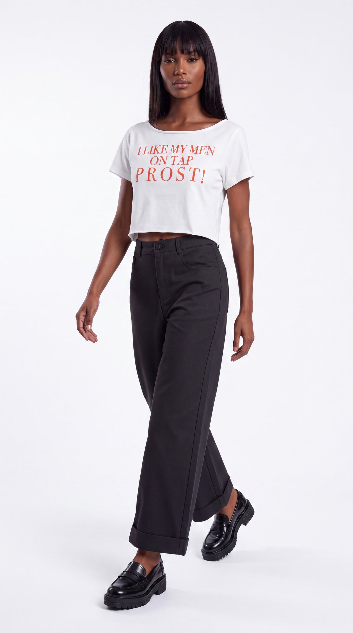 Off-Shoulder Rolled Hem 100% Cotton Crop Tee |I LIKE MY MEN ON TAP PROST!