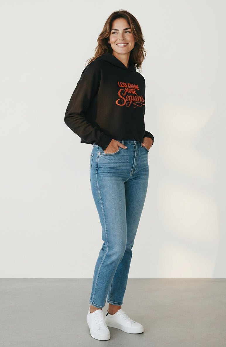 Women's Cropped Fleece Hoodie | LESS SHAME MORE SEQUINS | CONVERSATION COLLECTIONS