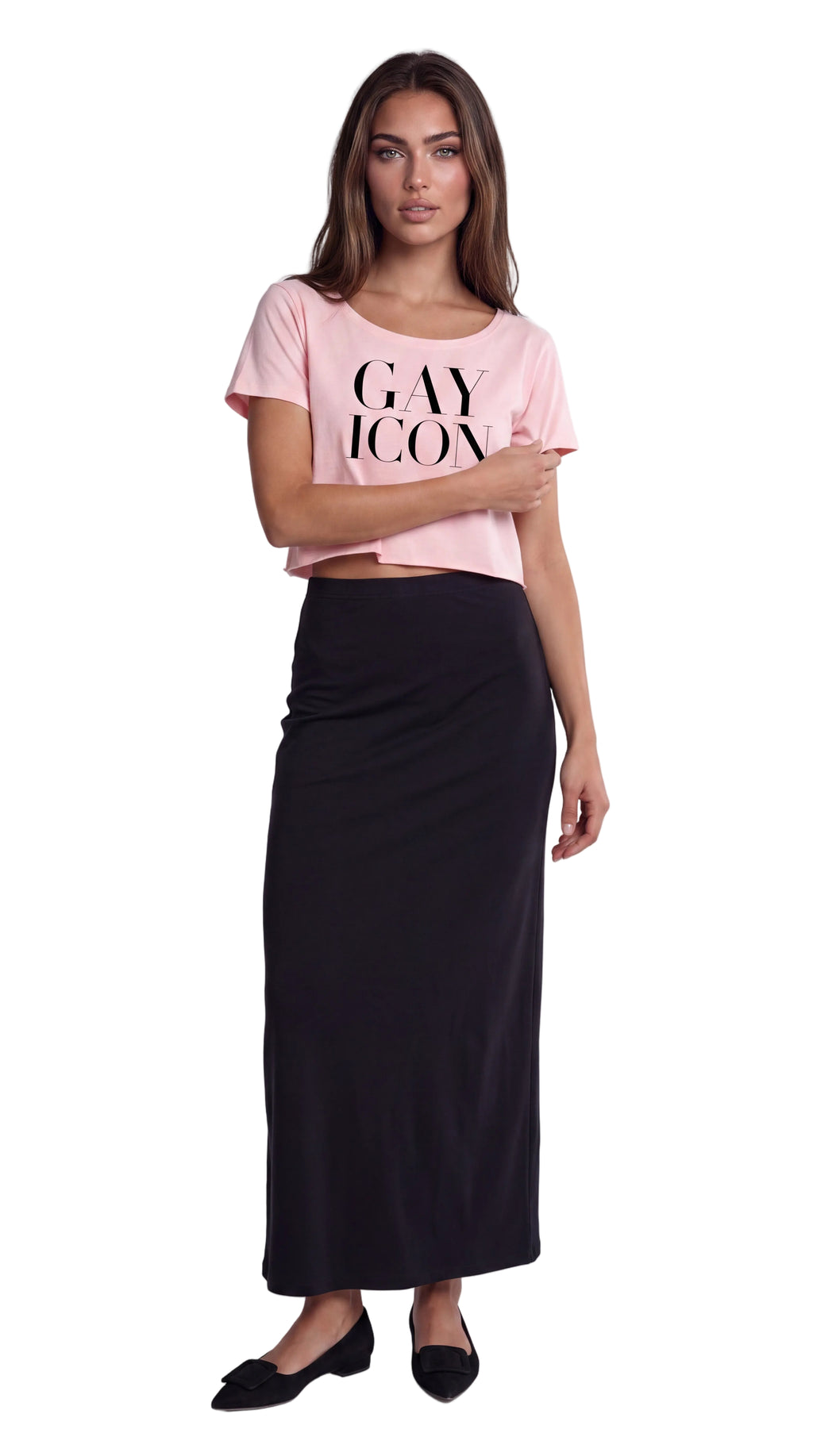 Off-Shoulder Rolled Hem 100 % Cotton Tee Black Logo