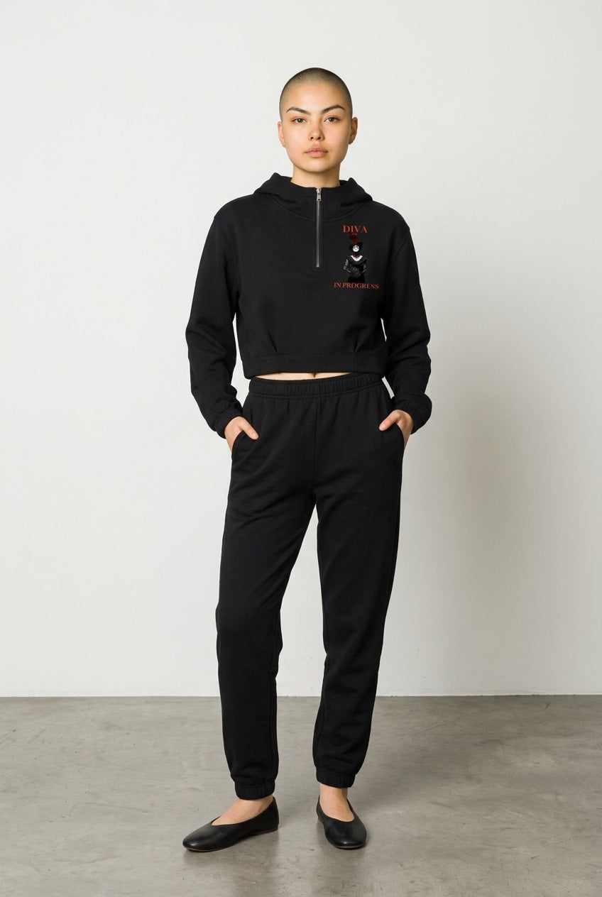 Quarter-Zip Boxy Hoodie — DIVA IN PROGRESS | Noir Aesthetic Streetwear