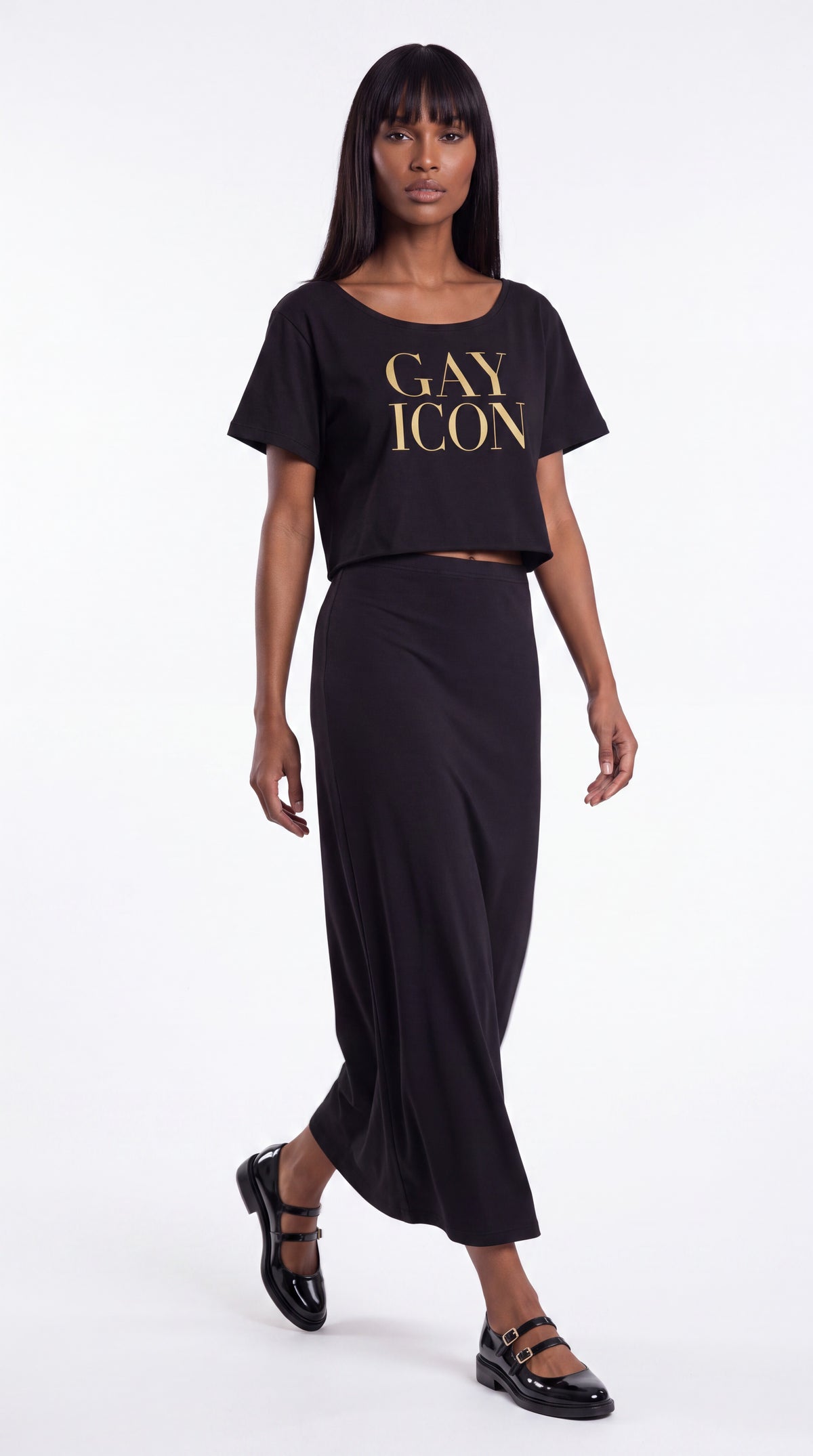 Off-Shoulder Rolled Hem 100% Cotton Tee Gold Logo