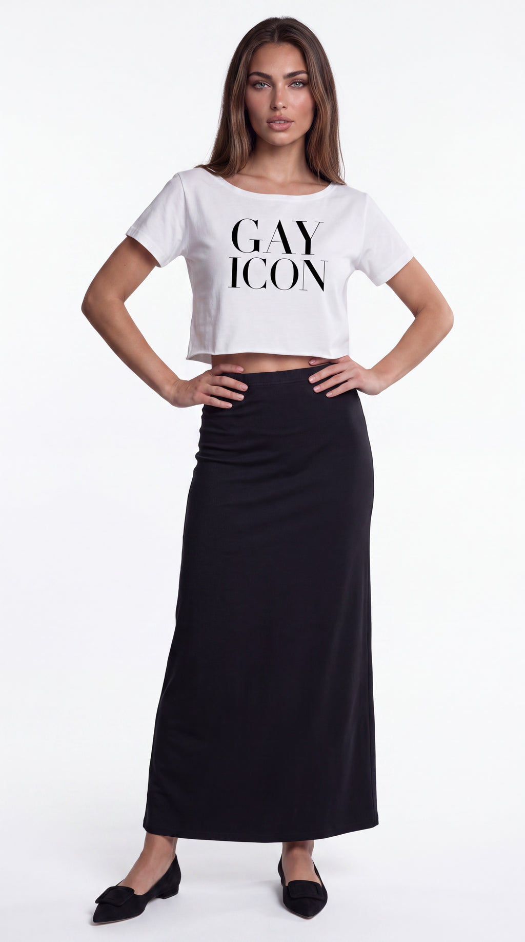 Off-Shoulder Rolled Hem 100 % Cotton Tee Black Logo