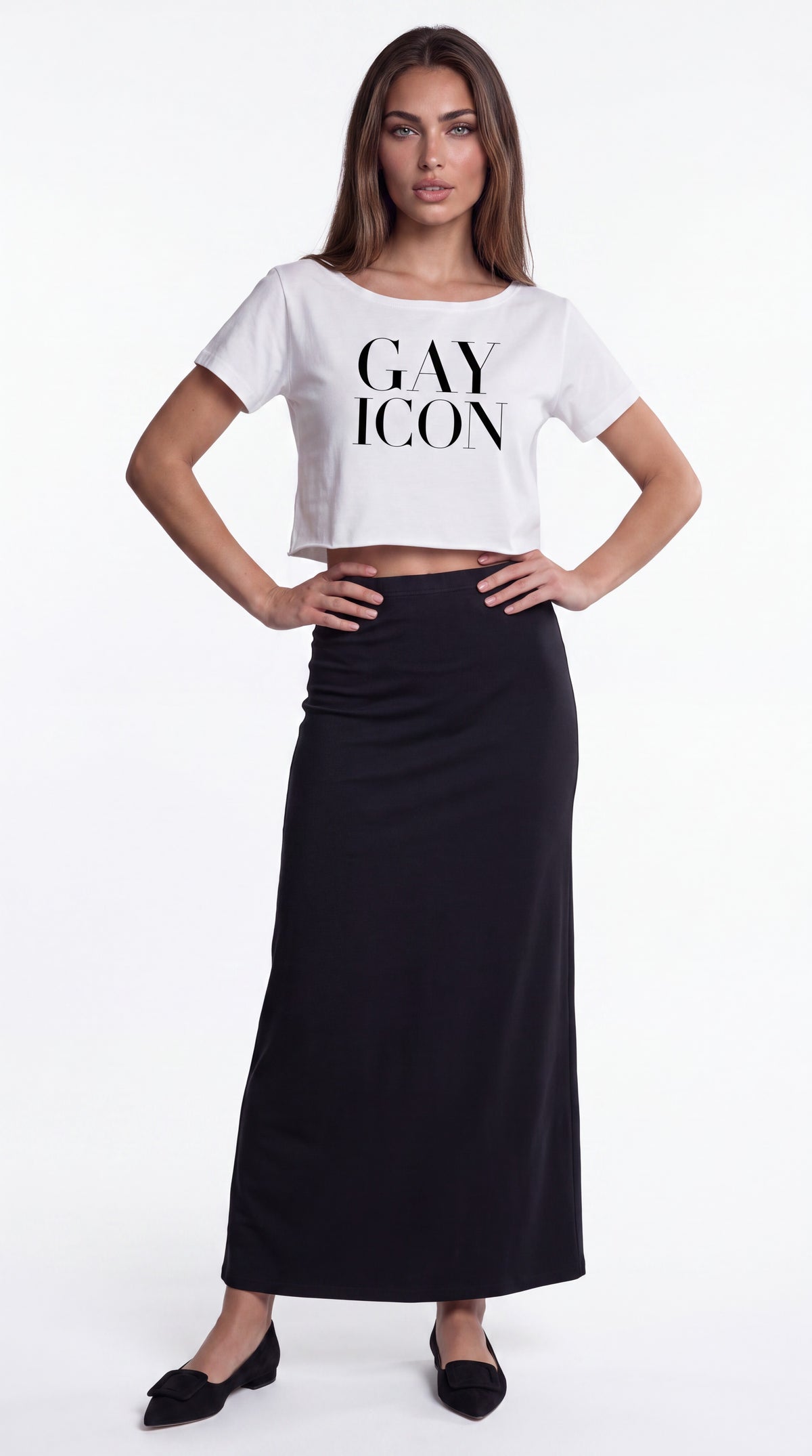 Off-Shoulder Rolled Hem 100 % Cotton Tee Black Logo