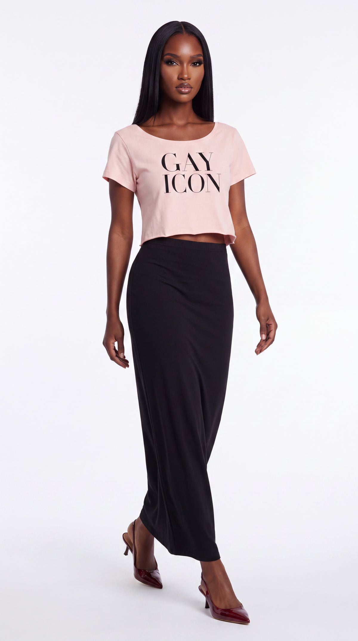 Off-Shoulder Rolled Hem 100 % Cotton Tee Black Logo
