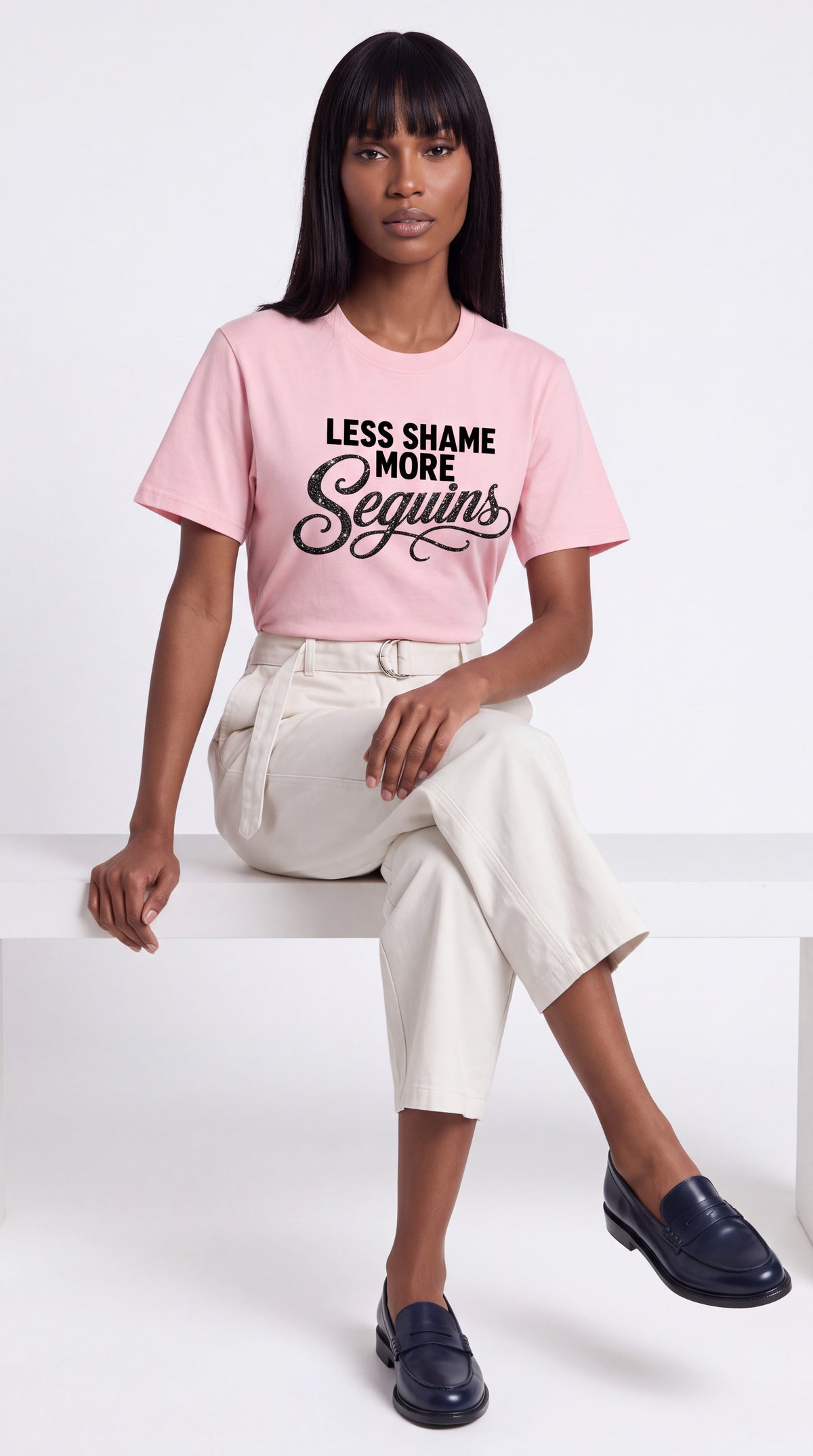 Unisex Seamless 100% Cotton Tee | LESS SHAME MORE SEQUINS Black Logo