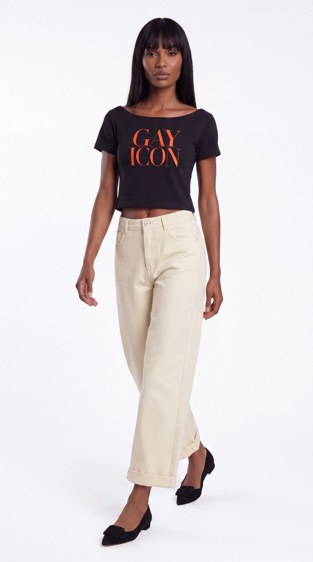 Off-Shoulder Rolled Hem 100% Cotton Tee Red Logo