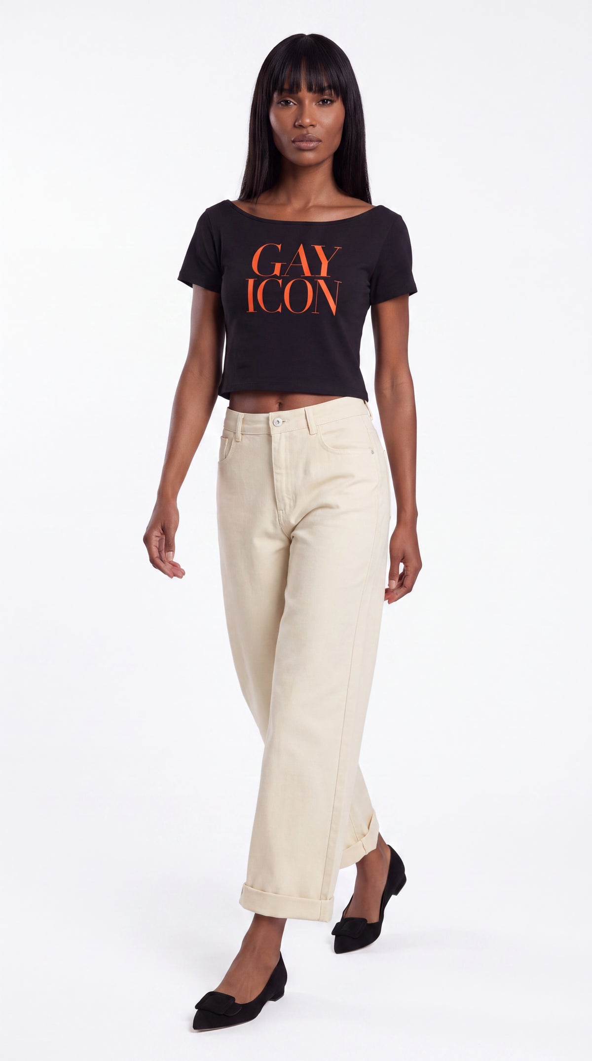 Off-Shoulder Rolled Hem 100% Cotton Tee Red Logo