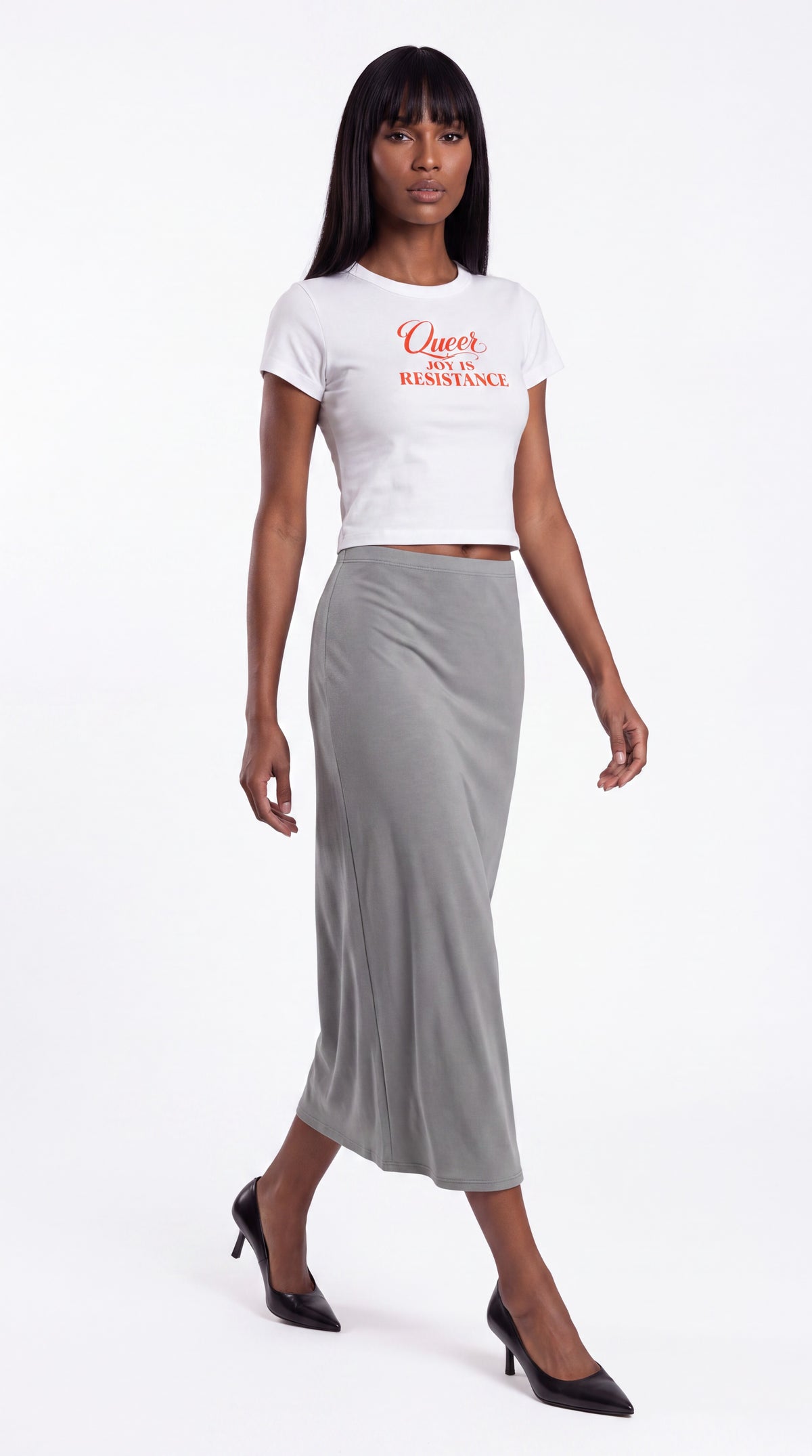 Women's Cropped Crewneck Tee | QUEER JOY IS RESISTANCE Red Logo