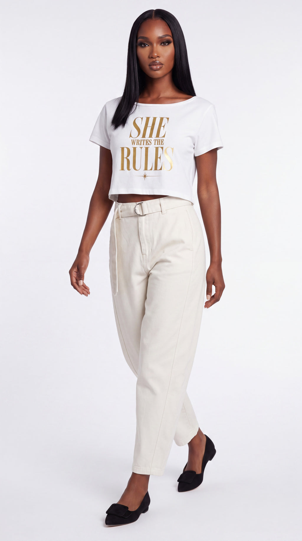 Off-Shoulder Rolled Hem 100% Cotton Crop Tee | SHE WRITES THE RULES