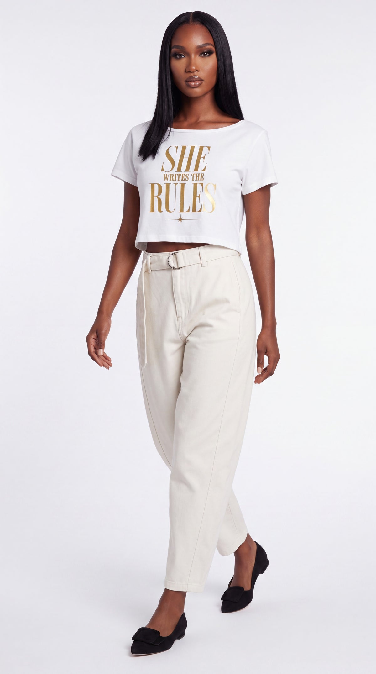 Off-Shoulder Rolled Hem 100% Cotton Crop Tee | SHE WRITES THE RULES