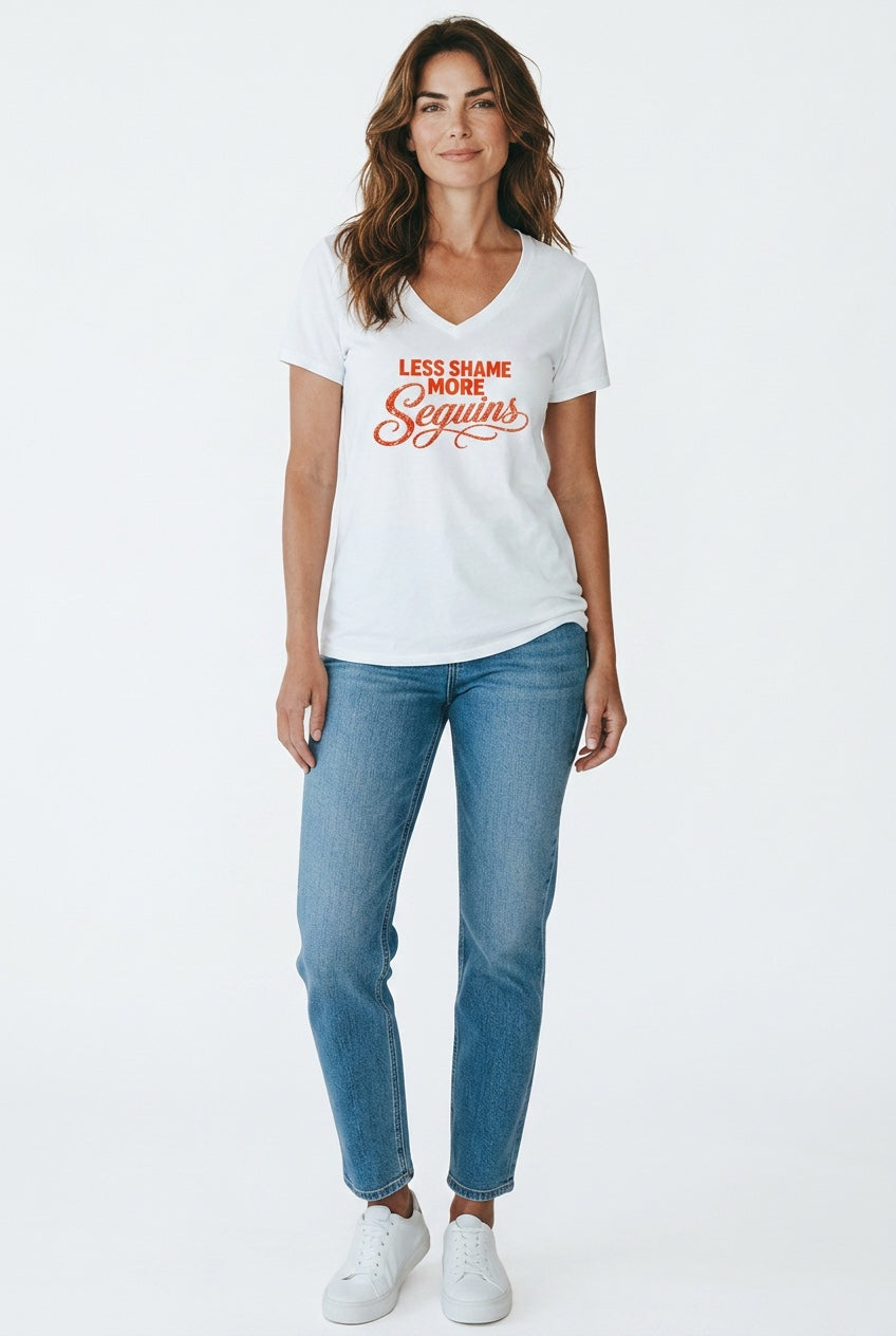 Damen V-Neck Tee | WENIGER SCHAM MEHR PAILLETTEN | CONVERSATION COLLECTION