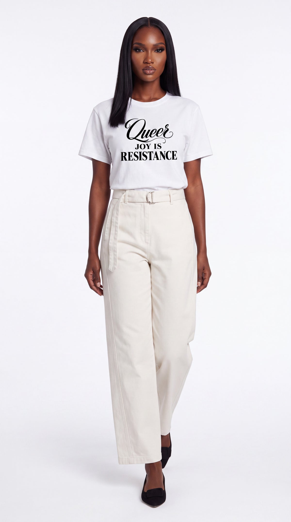 Unisex Seamless 100% Cotton Tee | QUEER JOY IS RESISTANCE Black Logo