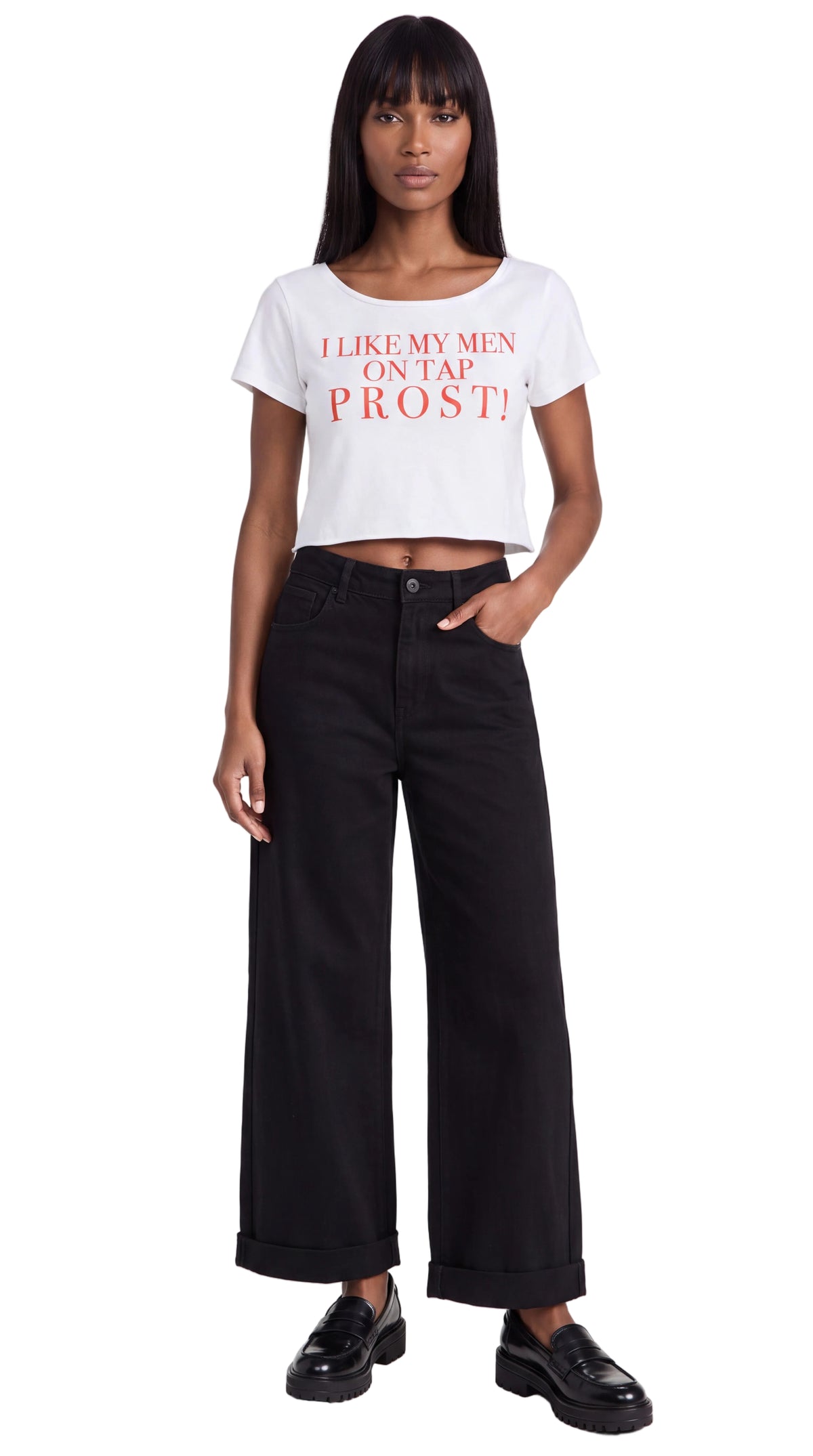 Off-Shoulder Rolled Hem 100% Cotton Crop Tee |I LIKE MY MEN ON TAP PROST!