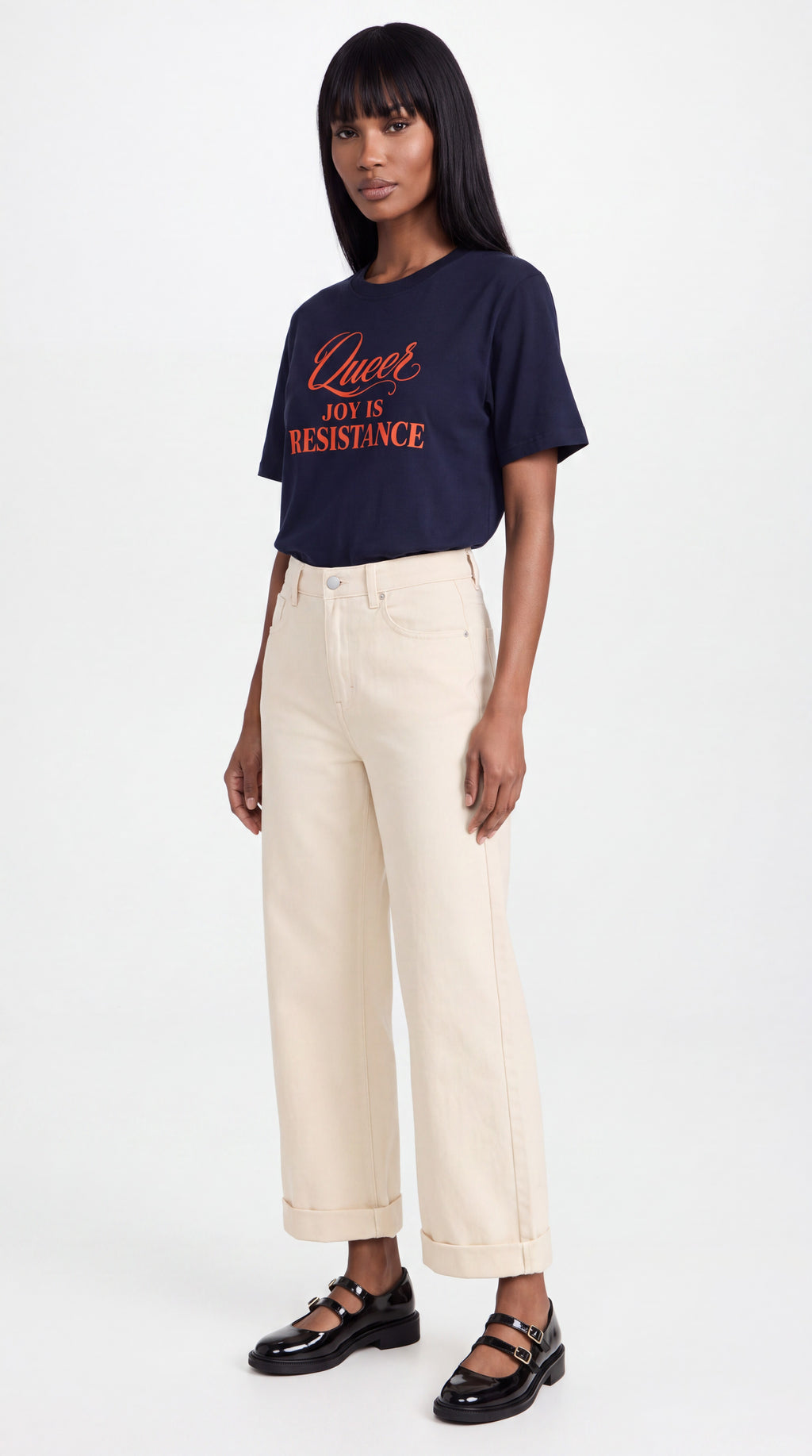 Unisex Seamless 100% Cotton Tee | QUEER JOY IS RESISTANCE Red Logo