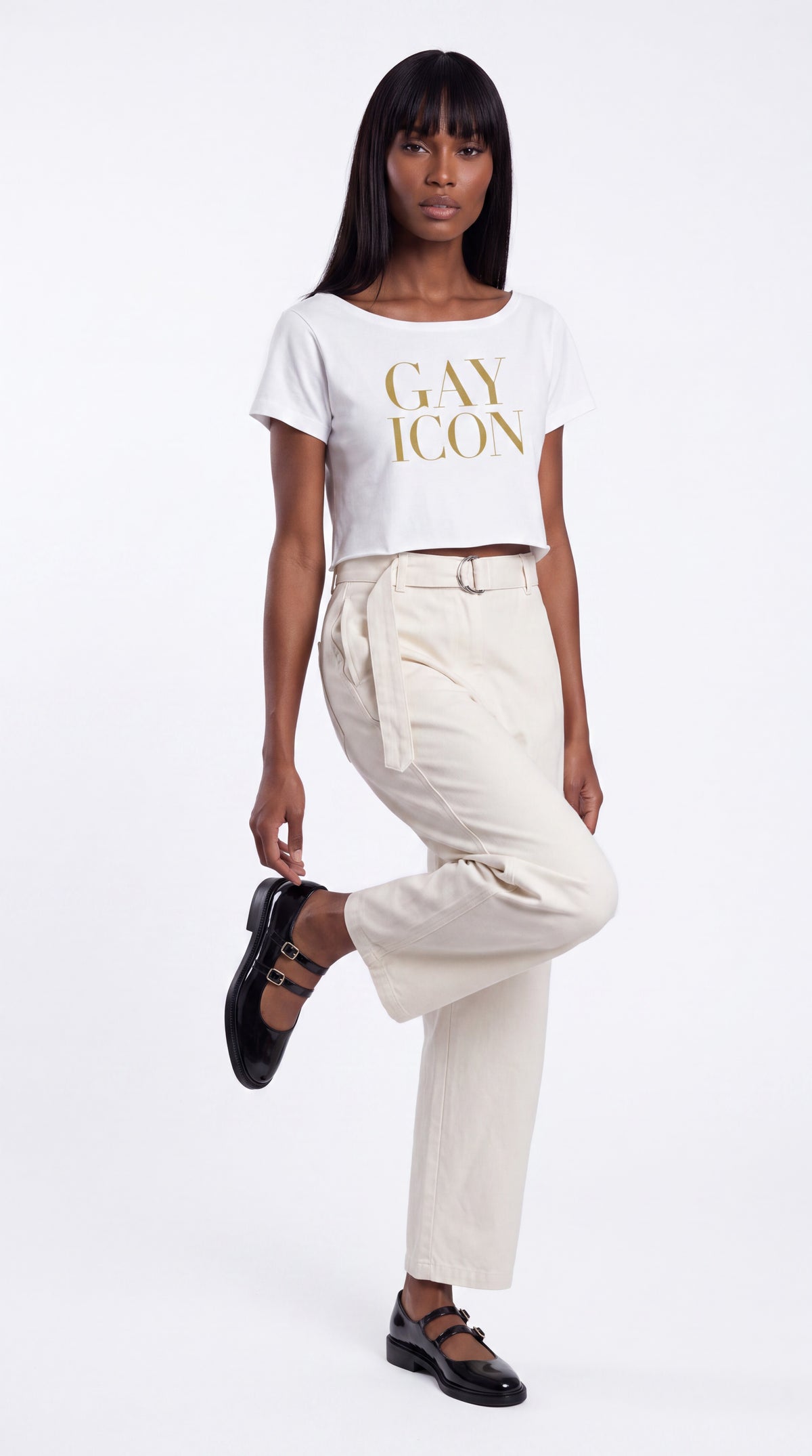 Off-Shoulder Rolled Hem 100% Cotton Tee Gold Logo