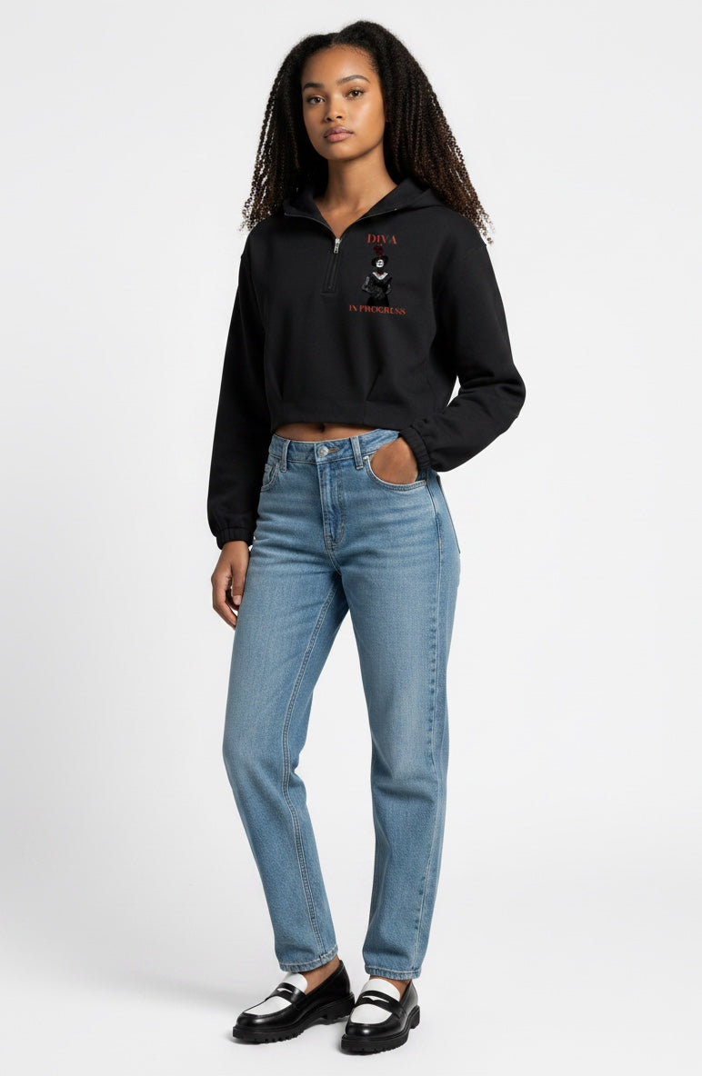 Quarter-Zip Boxy Hoodie — DIVA IN PROGRESS | Noir Aesthetic Streetwear