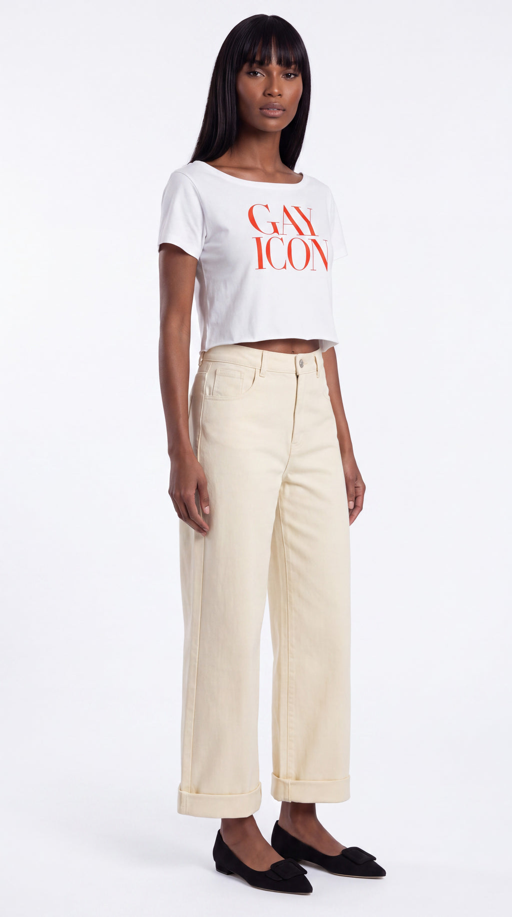 Off-Shoulder Rolled Hem 100% Cotton Tee Red Logo