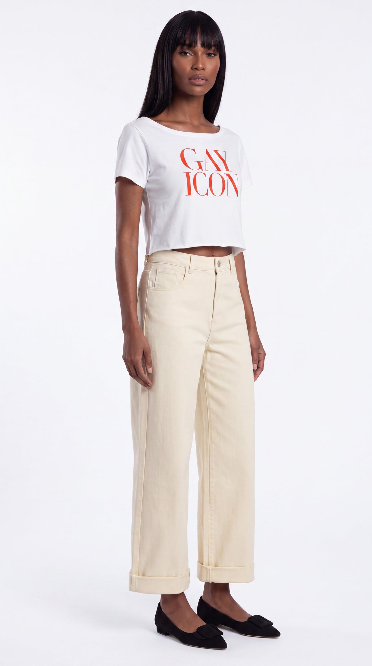 Off-Shoulder Rolled Hem 100% Cotton Tee Red Logo