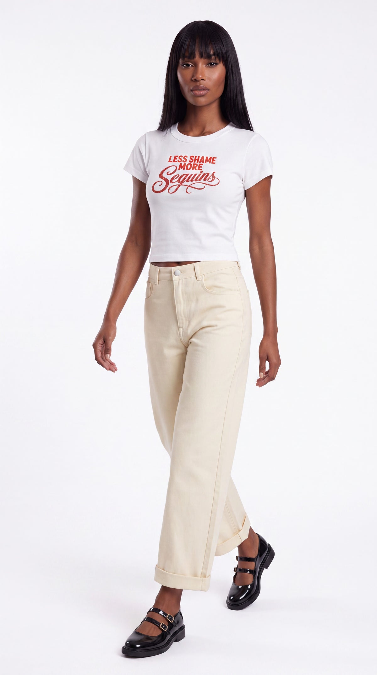Women's Cropped Crewneck Tee | LESS SHAME MORE SEQUINS Red Logo