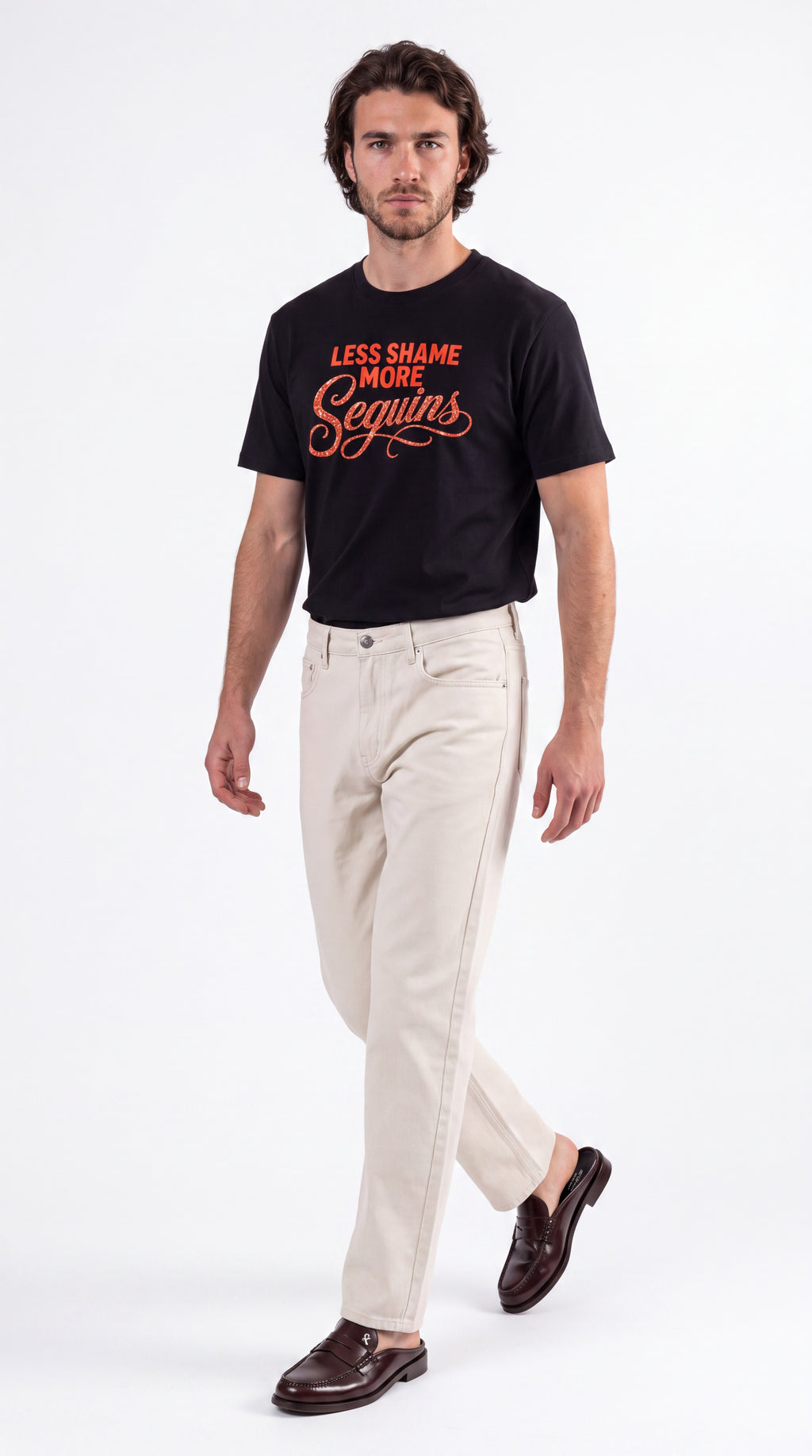 Unisex Seamless 100% Cotton Tee | LESS SHAME MORE SEQUINS Red Logo