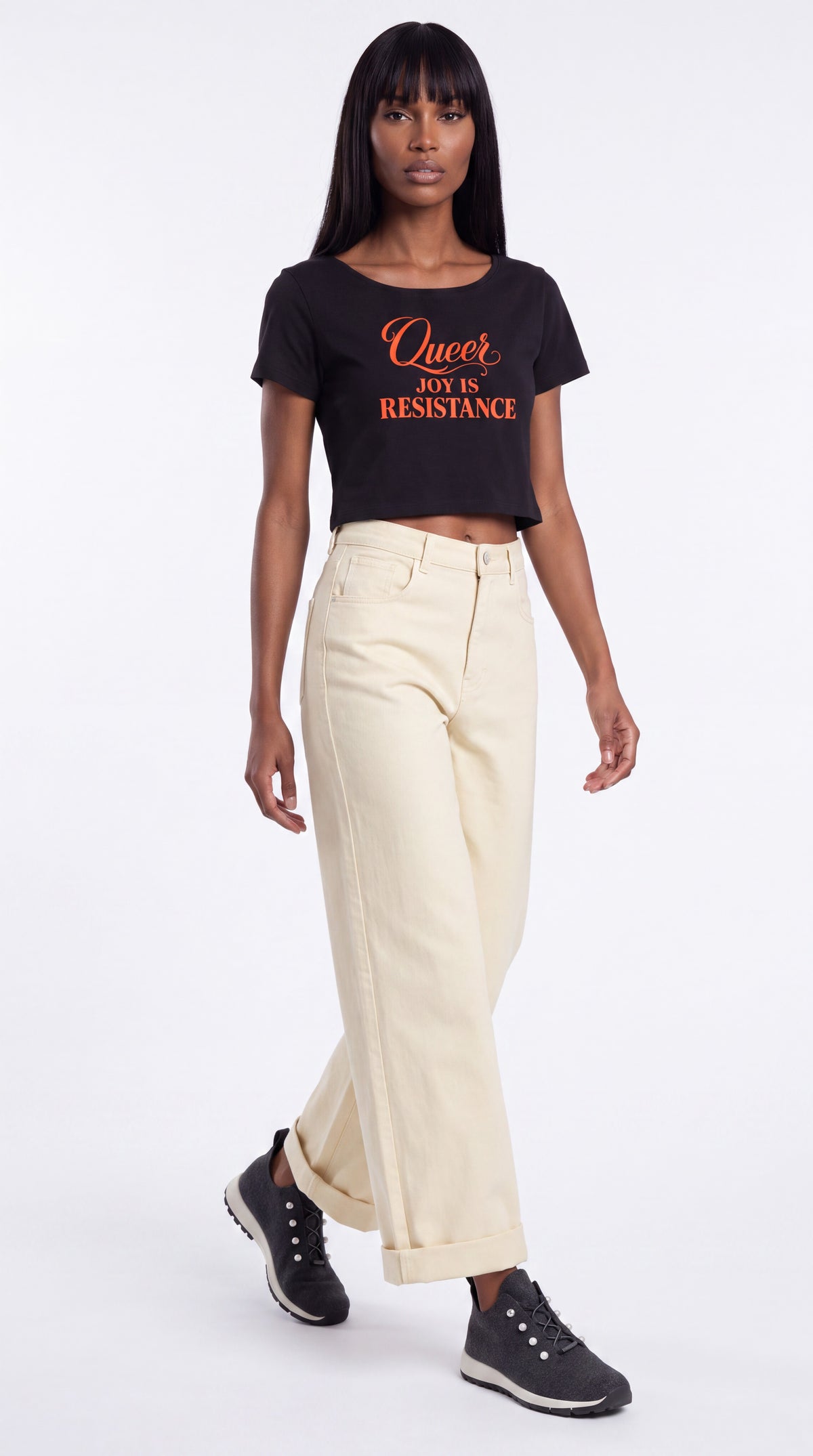 Off-Shoulder Rolled Hem 100% Cotton Crop Tee | QUEER JOY IS RESISTANCE Red Logo