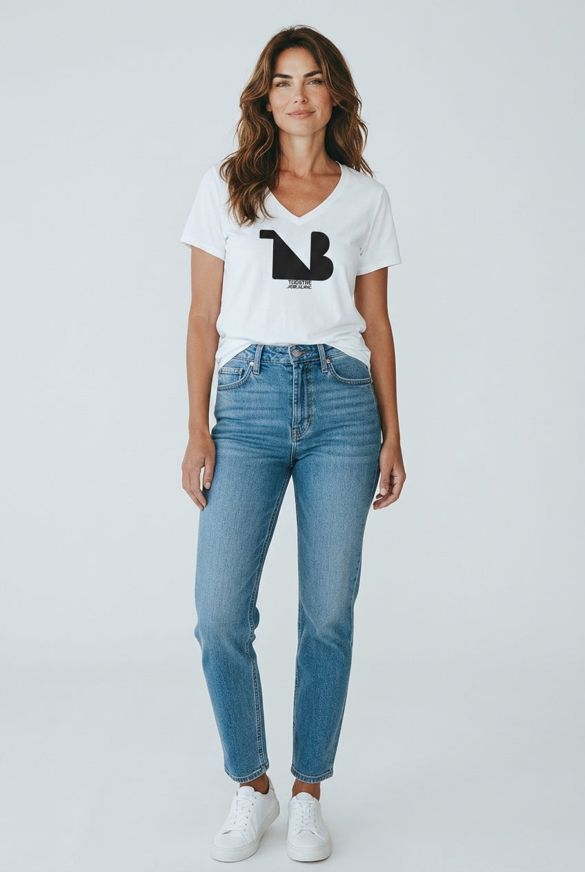 Women's V-Neck Tee | THEATRE NOIR BLANC | Black Logo