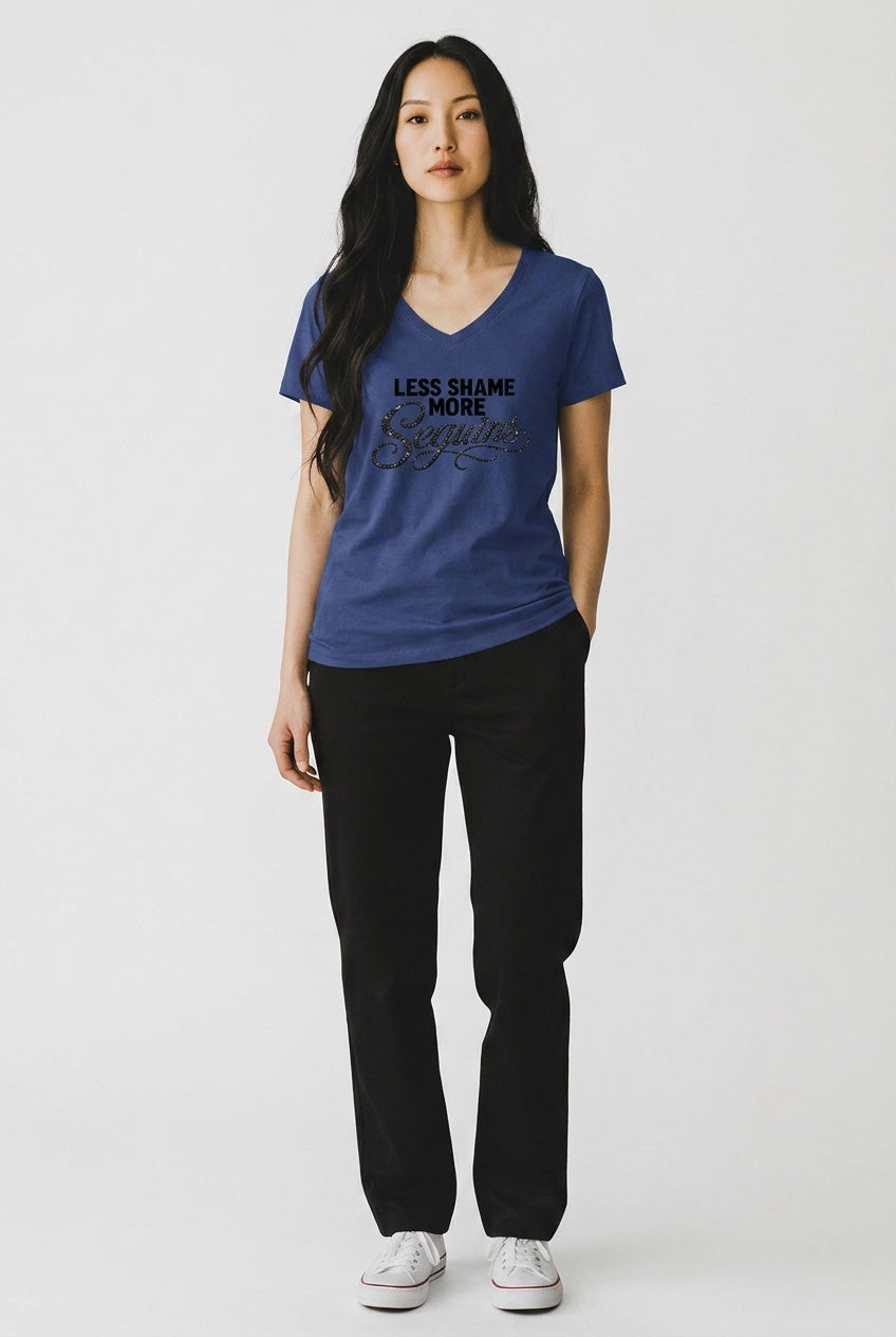 Women's V-Neck Tee | LESS SHAME MORE SEQUIN | CONVERSATION COLLECTION