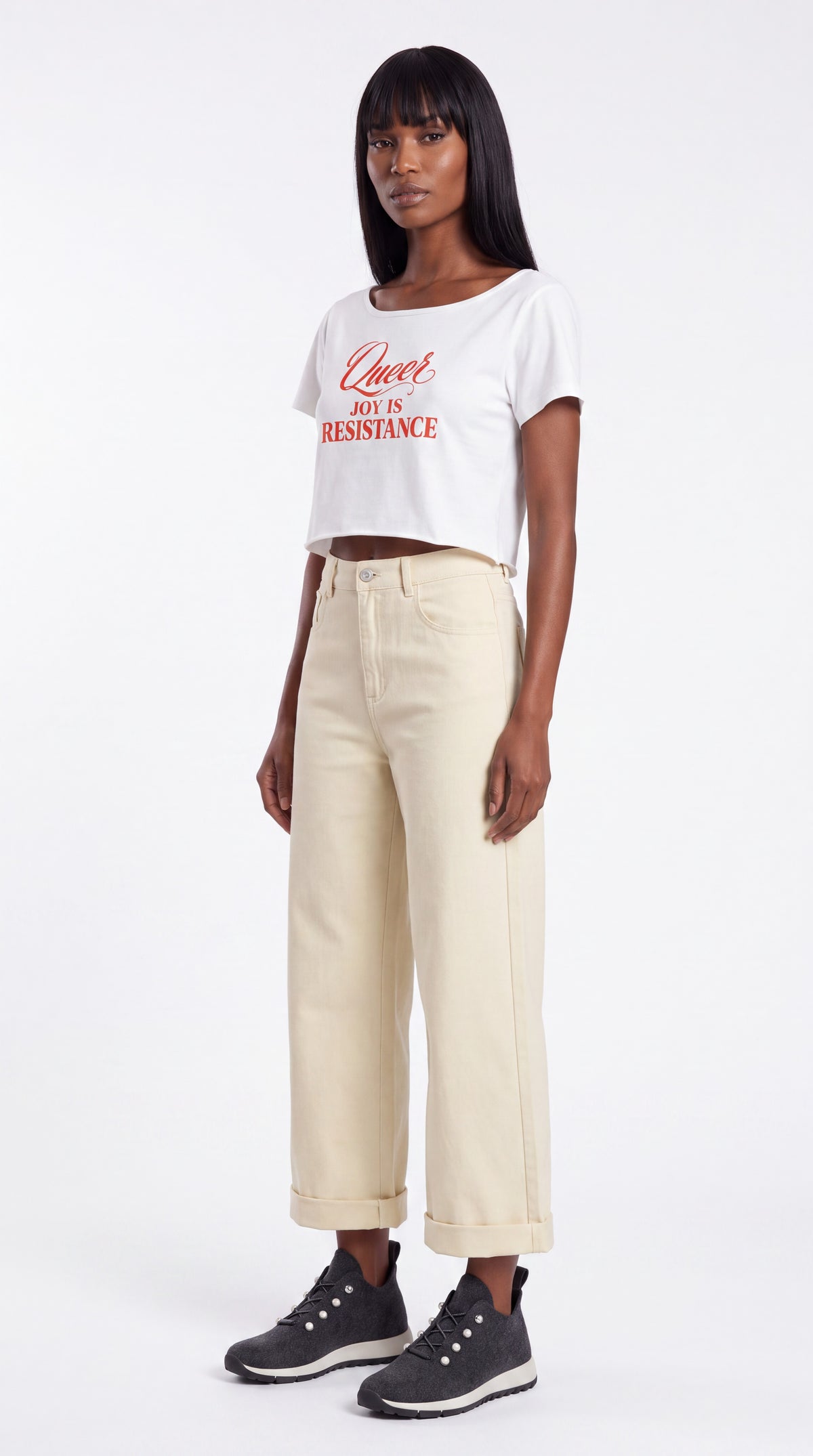 Off-Shoulder Rolled Hem 100% Cotton Crop Tee | QUEER JOY IS RESISTANCE Red Logo