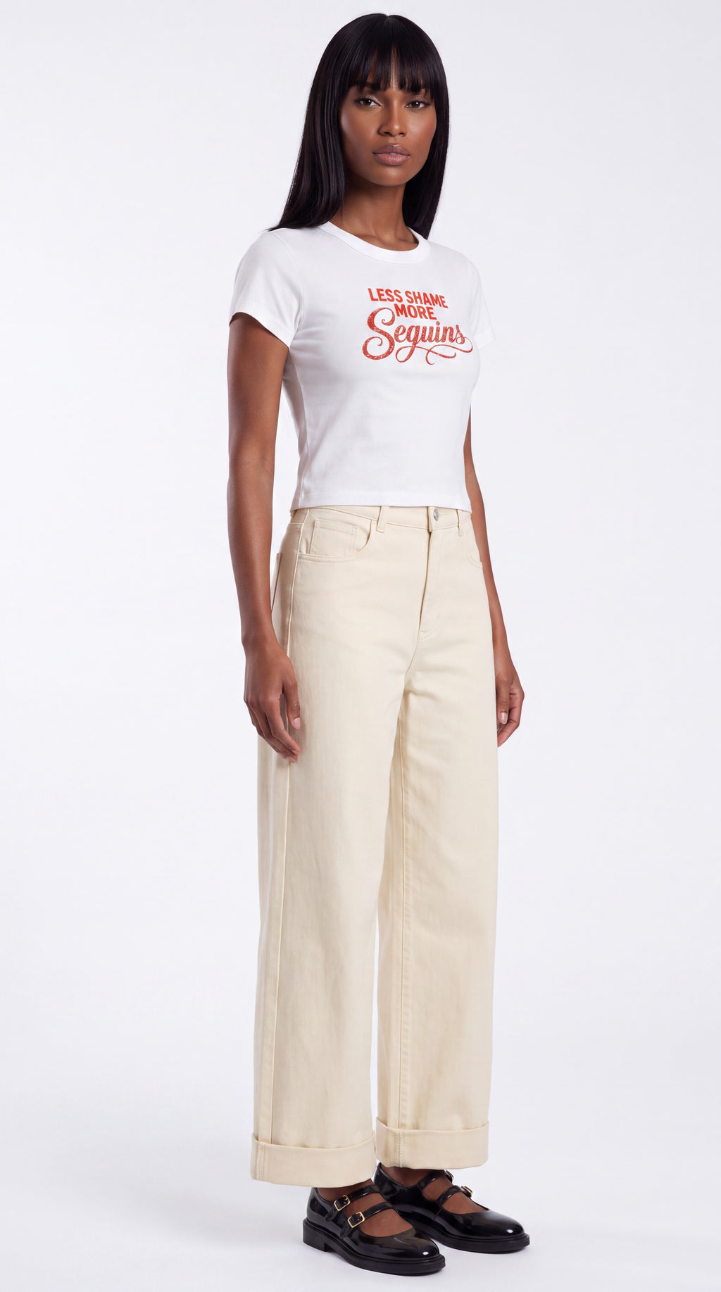 Women's Cropped Crewneck Tee | LESS SHAME MORE SEQUINS Red Logo