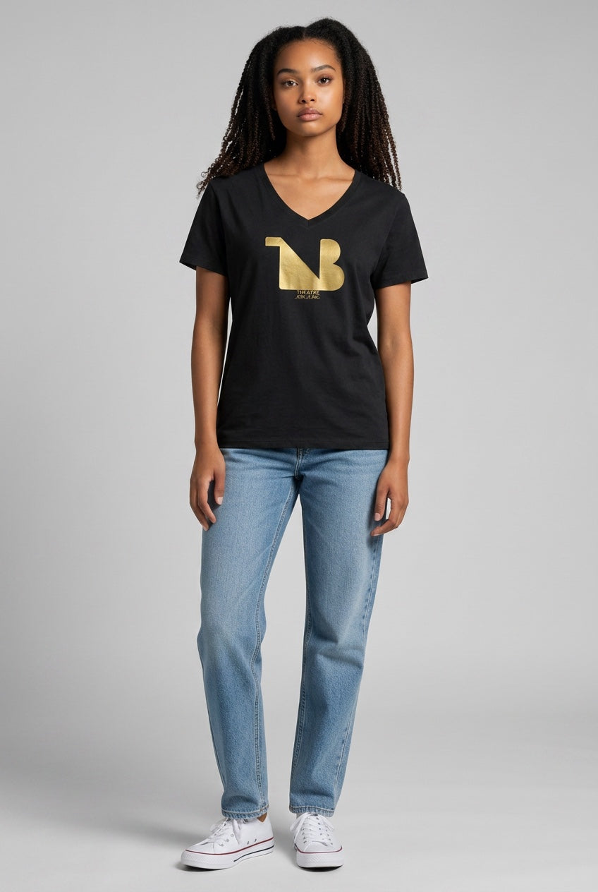 Damen V-Ausschnitt T-Shirt | THEATRE NOIR BLANC | Gold-Logo