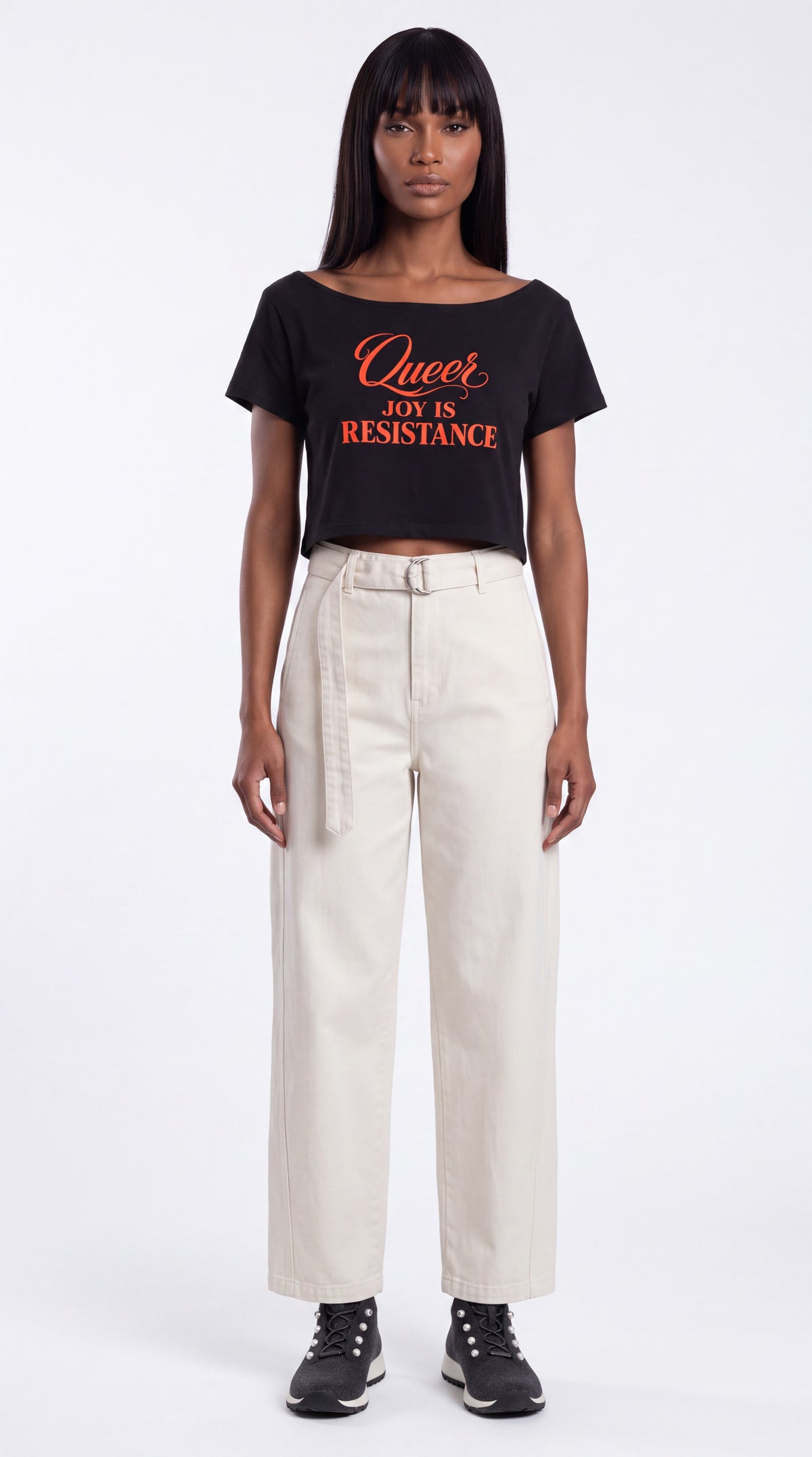 Off-Shoulder Rolled Hem 100% Cotton Crop Tee | QUEER JOY IS RESISTANCE Red Logo