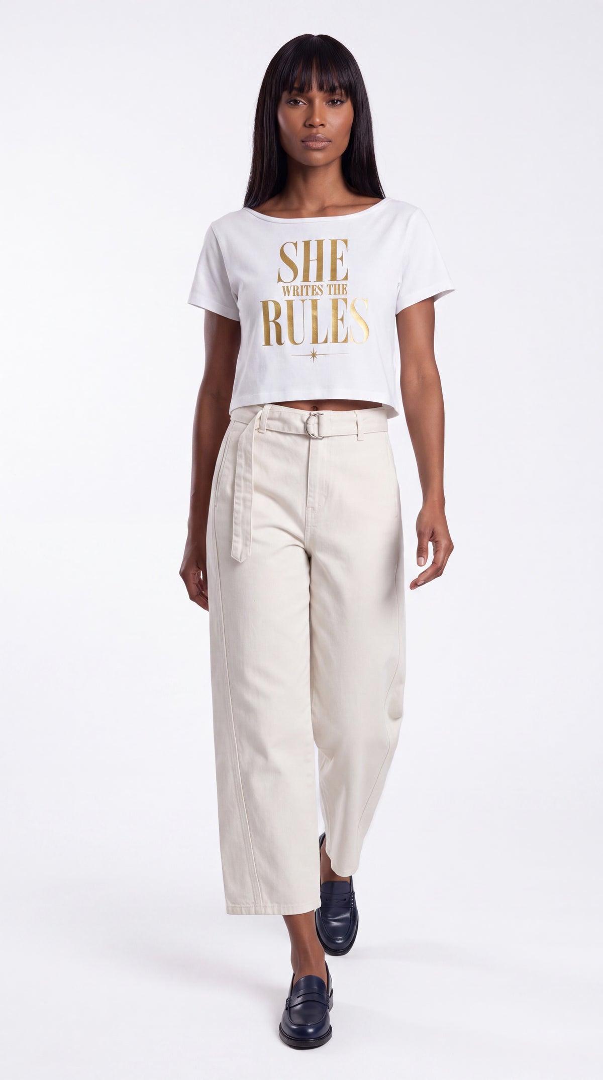 Off-Shoulder Rolled Hem 100% Cotton Crop Tee | SHE WRITES THE RULES