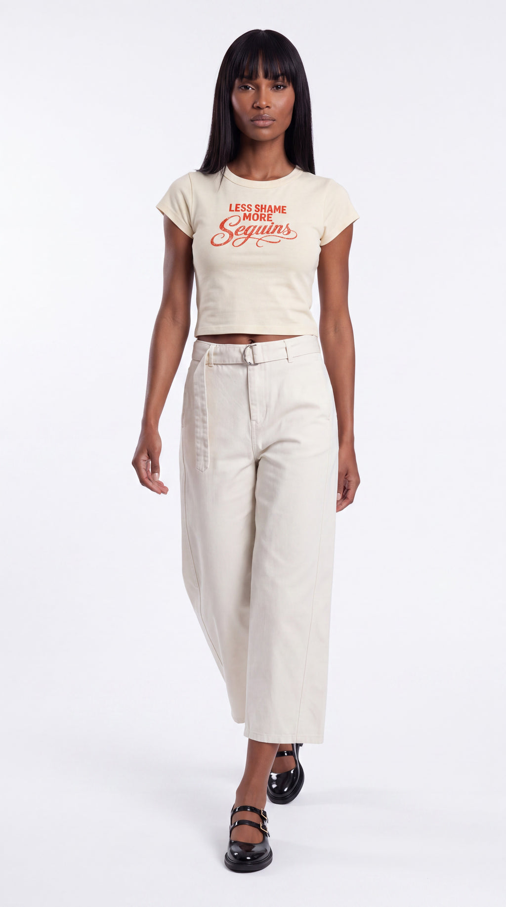 Women's Cropped Crewneck Tee | LESS SHAME MORE SEQUINS Red Logo