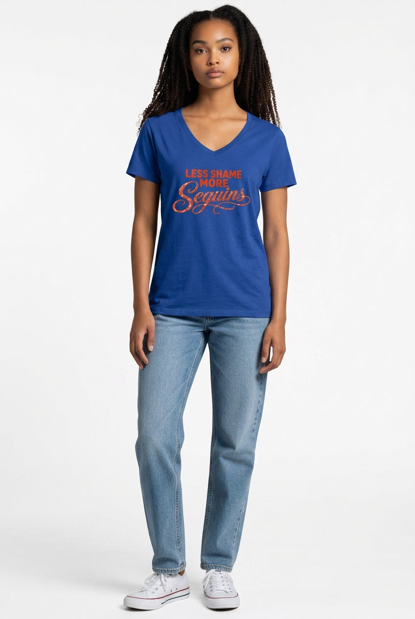Damen V-Neck Tee | WENIGER SCHAM MEHR PAILLETTEN | CONVERSATION COLLECTION