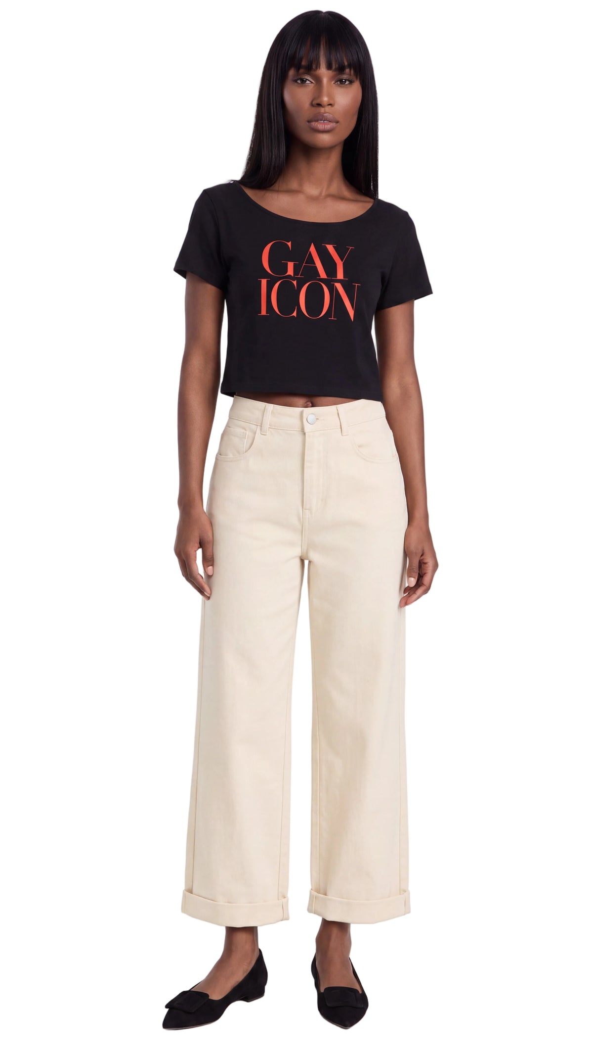 Off-Shoulder Rolled Hem 100% Cotton Tee Red Logo