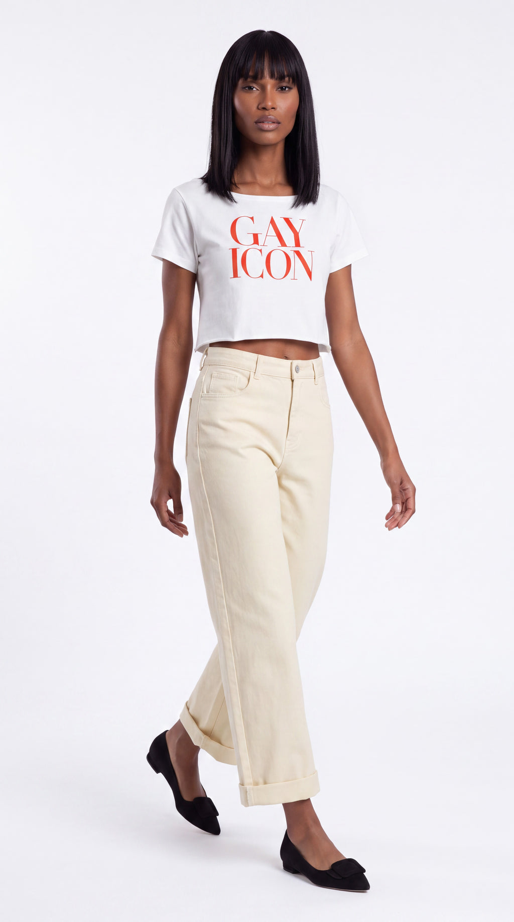 Off-Shoulder Rolled Hem 100% Cotton Tee Red Logo