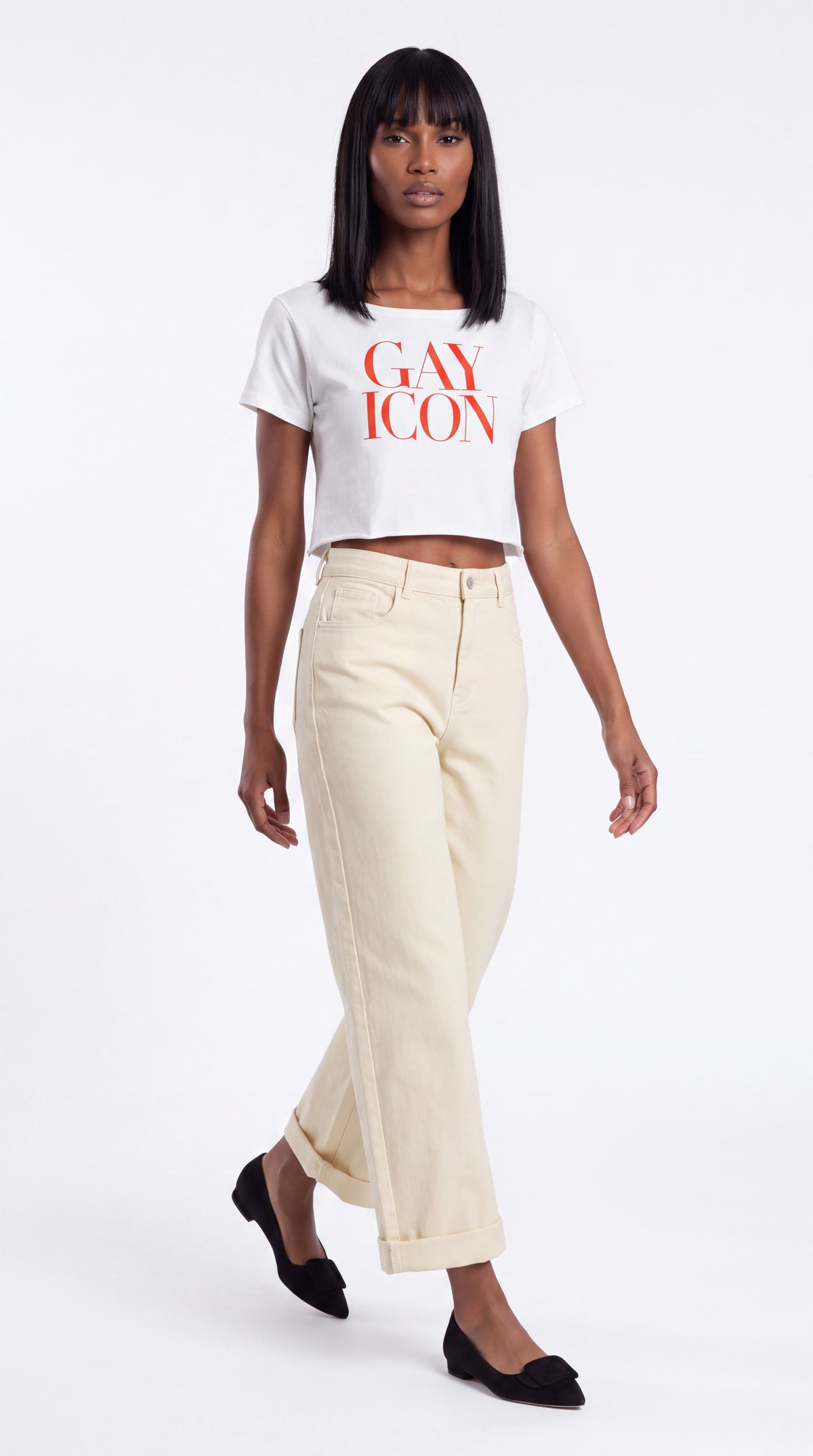 Off-Shoulder Rolled Hem 100% Cotton Tee Red Logo