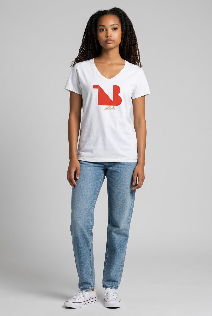 Women's V-Neck Tee | THEATRE NOIR BLANC | Red Logo