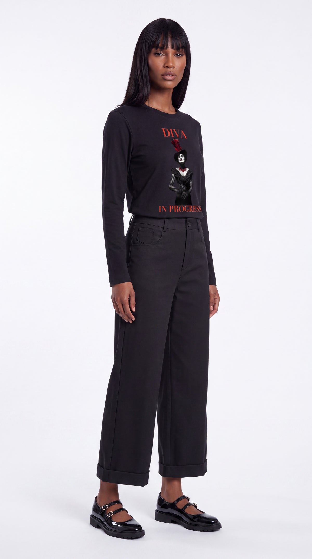Tencel Wide-Leg Cuff Trousers Black