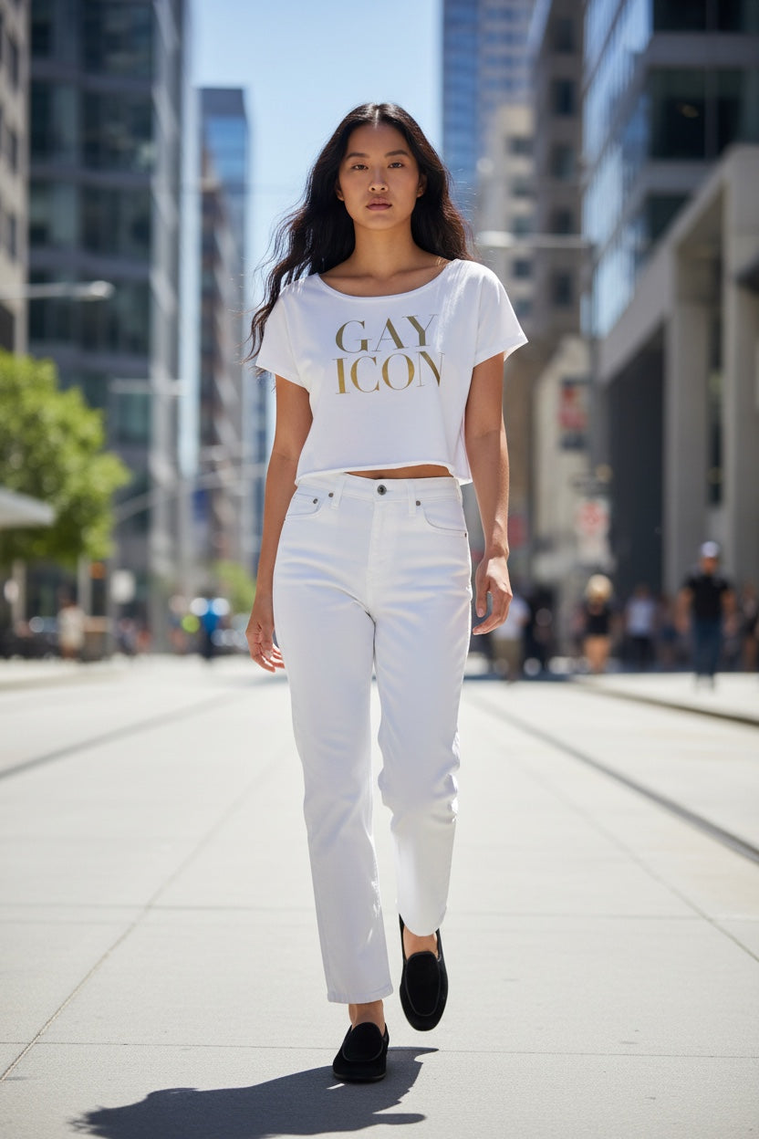 Off-Shoulder Rolled Hem Crewneck Tee |GAY ICON| GAY ICON COLLECTION