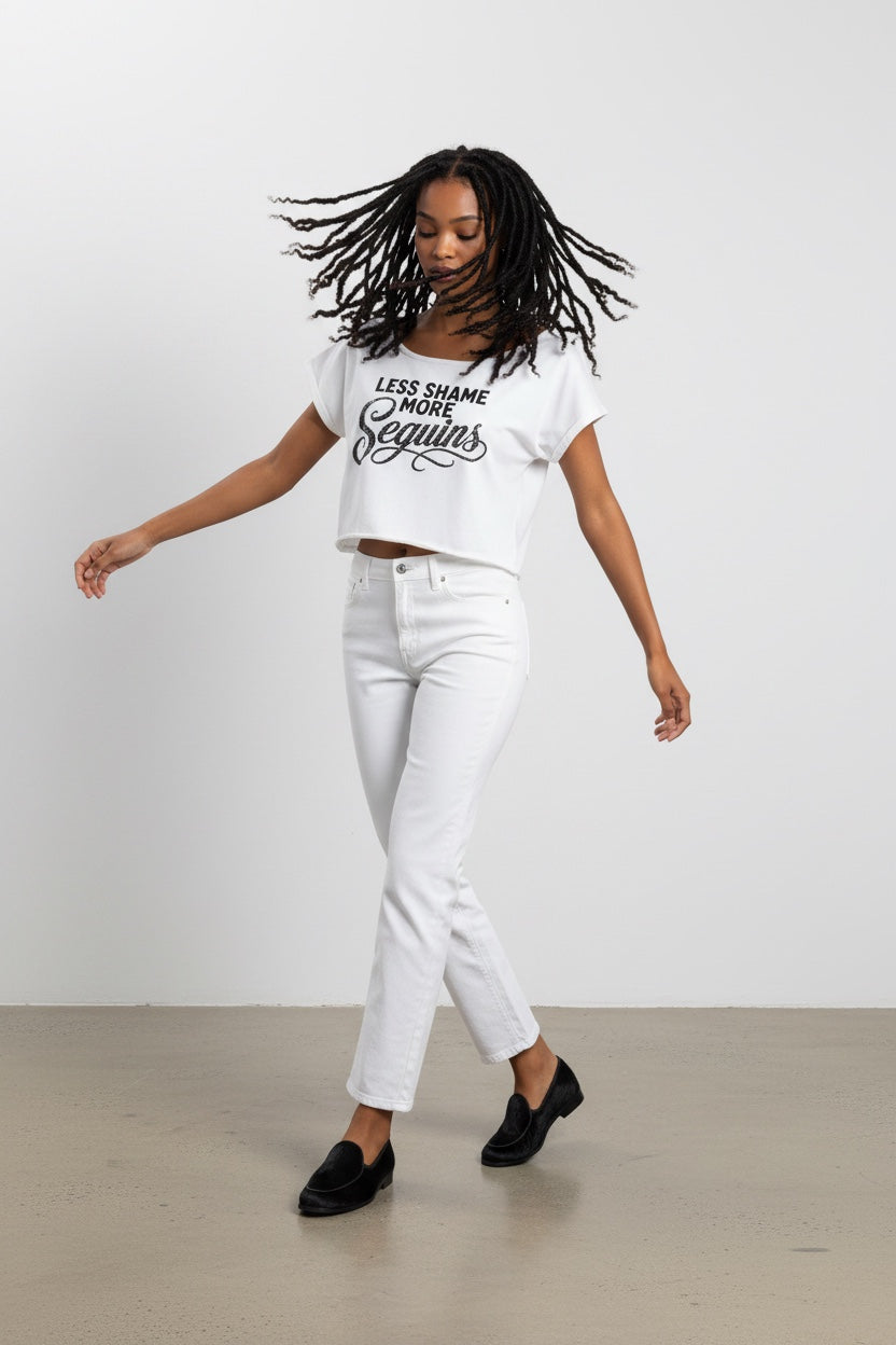 Off-Shoulder Rolled Hem Cotton T-Shirt |LESS SHAME MORE SEQUINS | CONVERSATION COLLECTION